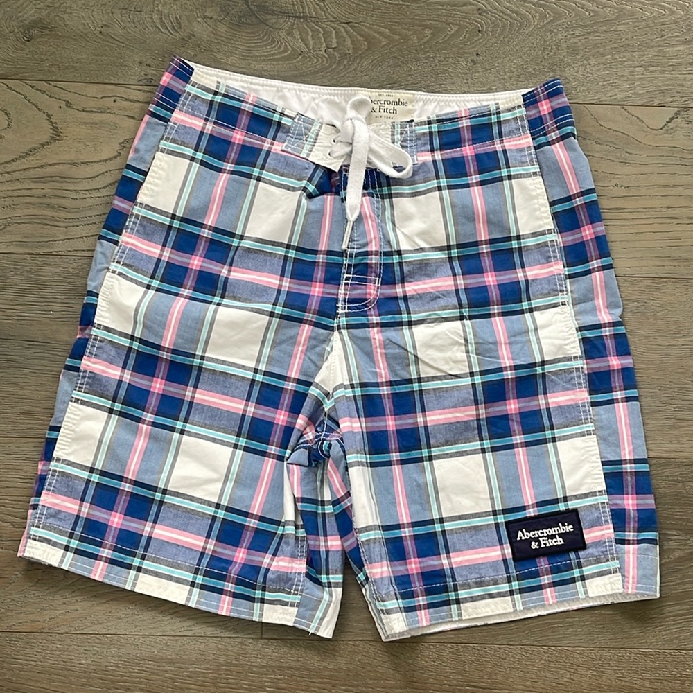 Mens Abercrombie & Fitch Fully Mesh Lined Pink, White & Blue Plaid Swim Trunks-L